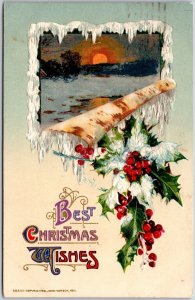 1911 Best Christmas Wishes ,Holy Leaf Cherry & Snowy Landscape, Vintage Postcard