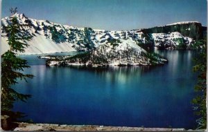 Wizard Island Crater Lake California CA Snowcapped Postcard VTG UNP Mike Roberts 