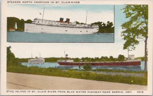 Stag Island Ontario St Clair River Cargo Ship Steamer near Sarnia Postcard H58