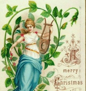1870's-80's Victorian Christmas New Year's Card Beautiful Lady With Lyre P153