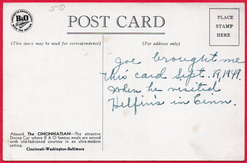 12711 Dining Car on The Cincinnatian, B&O Streamliner Train 1949