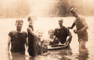 RPPC Family in Lake Swimming Women Kids & Man Smoke Pipe Inner Tube Real Photo 