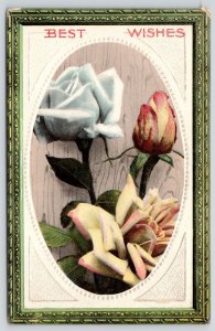 Vintage Victorian Flowers~White & Yellow Roses~Embossed Oval~c1910 Gel 