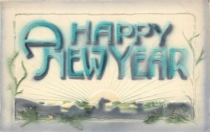 Embossed Airbrush Postcard Happy New Year, Sunrise over Town, Posted 1910