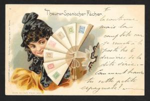 SPAIN Stamps on Postcard Pretty Lady & Fan Used c1905