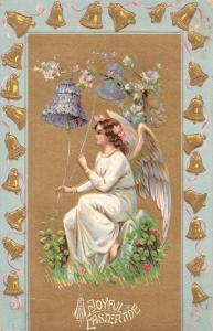 A JOYFUL EASTERTIDE-ANGLE RINGING BELLS-GILT EASTER GREETING POSTCARD c1909