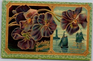 Postcard Birthday Greetings flowers and sailboatds embossed gold green violet