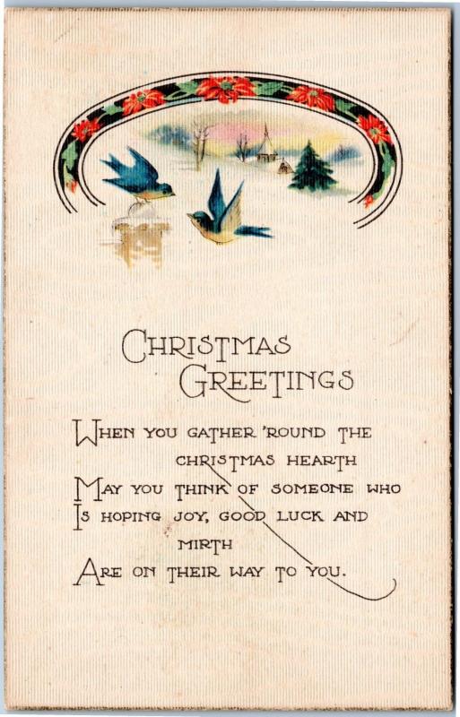 Christmas Greetings - gather around hearth - Blue birds