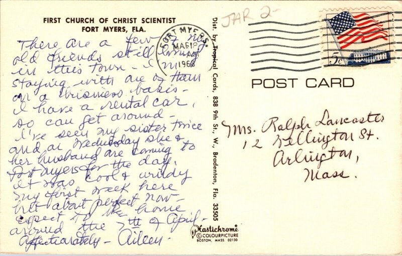 First Church Of Christ Scientist Fort Myers Florida Chrome Cancel WOB Postcard 