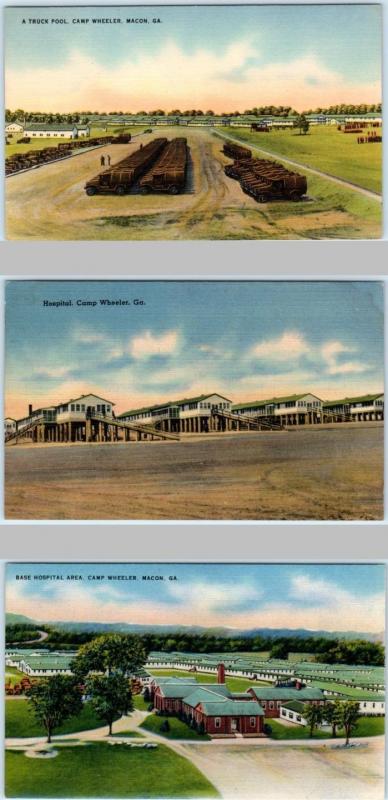 3 Postcards  MACON, Georgia  GA   CAMP WHEELER Truck Pool, Hospitals  c1940s