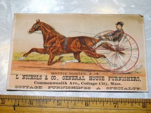 1881 Sulky Winning Horse Mattie Hunter, 2.14, L. Nichols & Co. Trade Card F13
