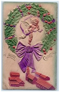 1913 Christmas Holly Berries Whreat Angel House Church Airbrushed Postcard