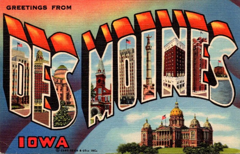 Iowa Greetings From Des Moines Large Letter Linen Curteich