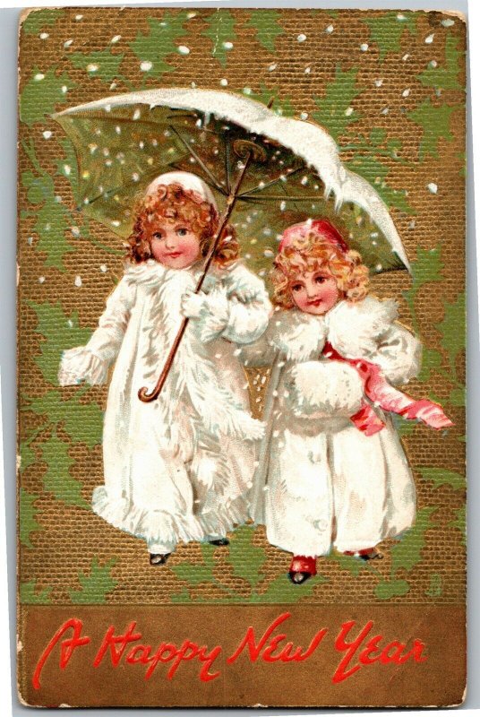 Tucks New Years Series 139 Two Little Girls White Coats Umbrella Postcard U23 