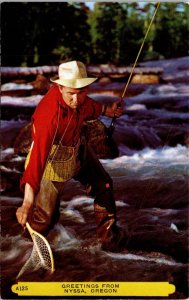 Greetings from Nyssa Oregon Postcard Man Fly Fishing