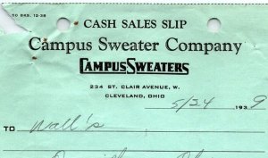 1939 CAMPUS SWEATER COMPANY CLEVELAND OH WALL'S ORRVILLE BILLHEAD CASH SLIP Z994