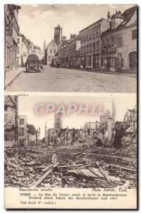 Old Postcard Ypres The Orchard Street from before and after the bombing Army