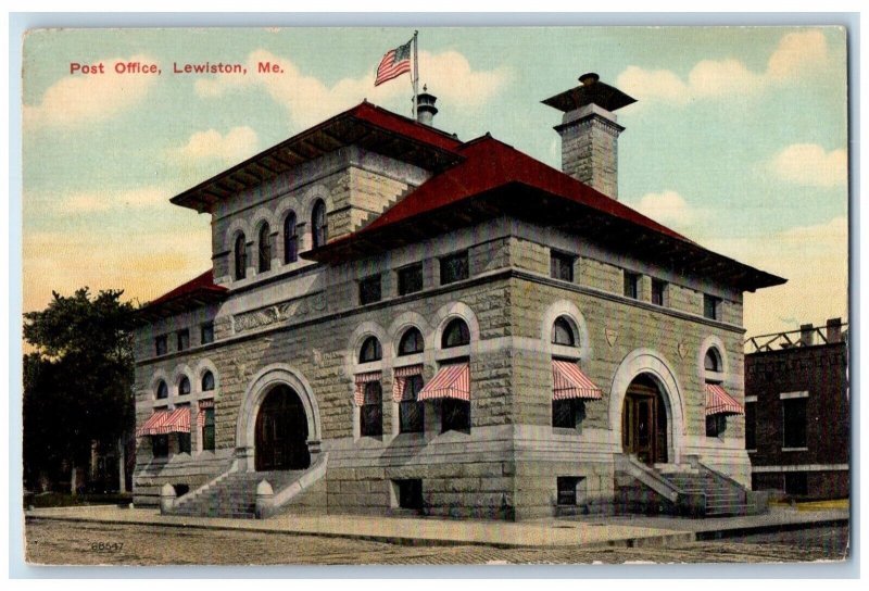 c1910 Post Office Exterior Building Lewiston Maine ME Vintage Antique Postcard