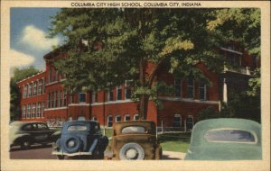 Columbia Indiana IN City High School Classic Cars Linen Vintage Postcard