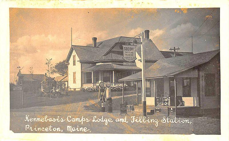 Princeton ME Kennebasis Camps Socony Gas Station Pumps RPPC Postcard