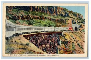 Santa Fe Streamliner Crossing Johnson's Canyon Arizona AZ, Fred Harvey Postcard 