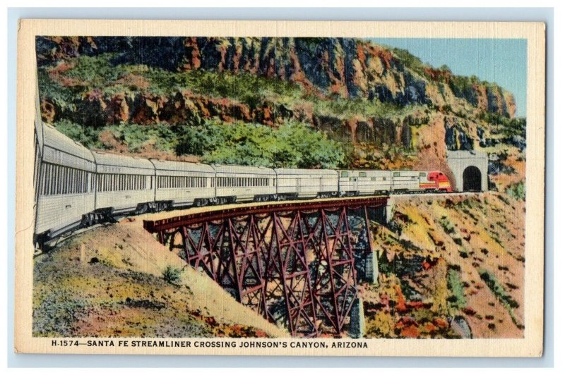 Santa Fe Streamliner Crossing Johnson's Canyon Arizona AZ, Fred Harvey Postcard 