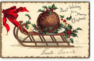 Clapsaddle CHRISTMAS Postcard, 1908 - Sled w/ Large Pudding (?) Ball, Holly