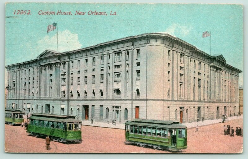 New Orleans Louisiana~Custom House~Green Trolleys~Open Door~c1912 Acmegraph PC