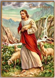 Painting Jesus and the Sheeps on the Mountain Streams Artist Signed Postcard