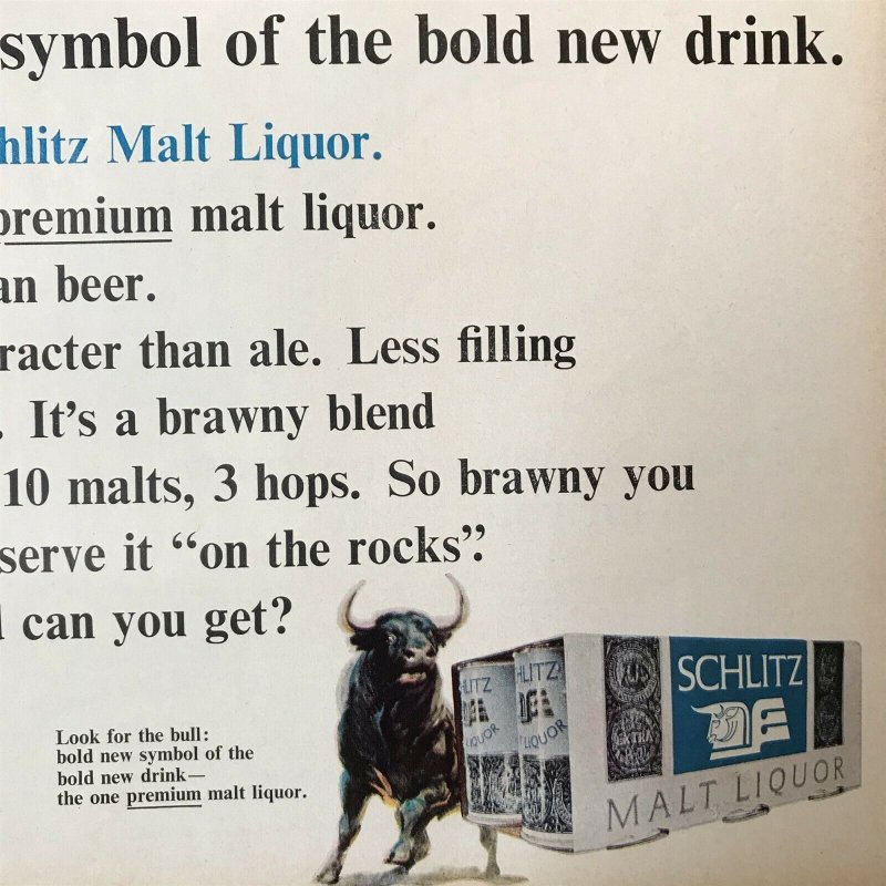 1965 Bull Schlitz Malt Liquor Original Print Ad 2P1-4 