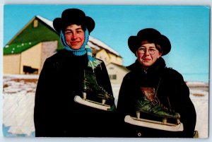 Amish Skaters Two Amish Youth Head For The Frozen Farm Vintage Postcard