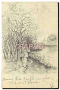 Old Postcard Fishing Fisherman (drawing hand)