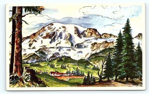 MT. RAINIER, WA Washington ~ PARADISE INN & MT. RAINIER Ted Lewy c1950s Postcard