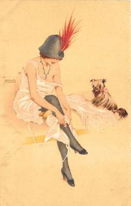 Raphael Kirchner Beautiful Woman w/Hat Stockings Dog Postcard