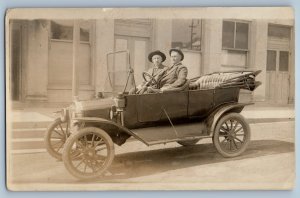 c1910's Two Men Ride On Car Automobile Scene Street RPPC Photo Antique Postcard