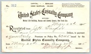 1895  United States Casualty Company  New York City  Receipt  Document