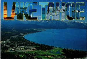 VINTAGE CONTINENTAL SIZE POSTCARD LAKE TAHOE AERIAL VIEW