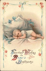 Birthday Baby in Bed Flowers Roses Gel 1900s-20s Vintage Postcard