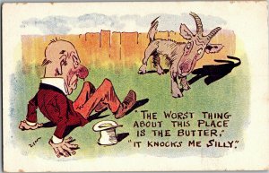 Man Knocked Over by Goat, The Butter Knocks Me Silly Vintage Postcard F07