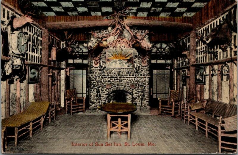 St Louis Missouri~Sun Set Inn Interior~Wildlife Mounts~Deer~Boar~c1910 Postcard 