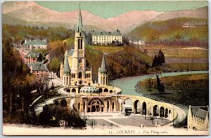 VINTAGE POSTCARD VIEW OF SPITITUAL TOWN OF LOURDES FRANCE FROM ABOVE c. 1910