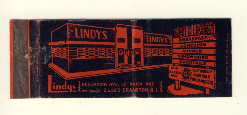 Lindys Restaurant Match Cover/Matchbook, Cranston, Rhode Island/RI, 1950's