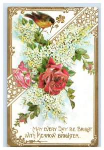 C. 1910 Lovely Bird Flowers Dresden Gilt Embossed Greeting Vintage Postcard F33 