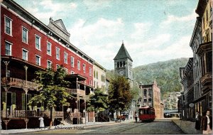 Postcard American Hotel and Trolley on Street Scene Mauch Chunk, Pennsylvania