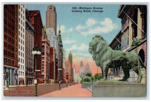 1952 Michigan Avenue Looking North Chicago IL, Showing Famous Lions Postcard