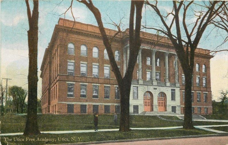 Utica NY Folks in Winter Clothes & Bare Trees in Front of Free Academy~1910 pc