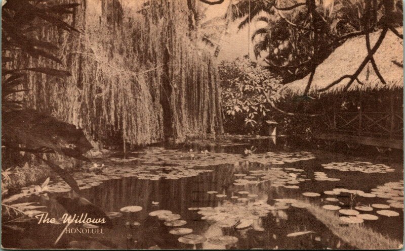 Honolulu Hawaii The Willows Restaurant 1910s Postcard w 1950 Airmail Postmark