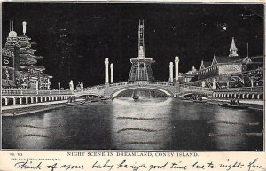 Night Scene in Dreamland Coney Island, NY, USA Amusement Park 1905 glitter on...