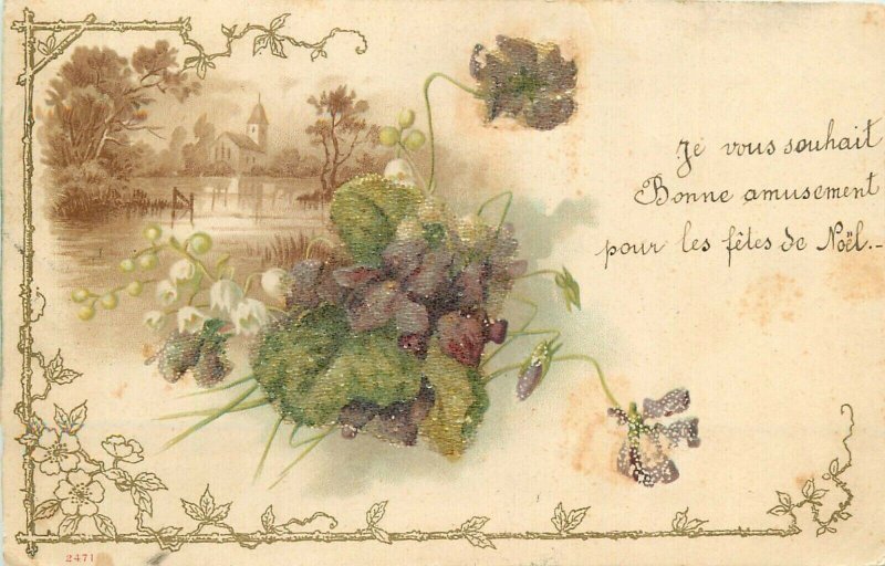 Novelty glass pearls applied chromo litho postcard flowers fantasy 1901 Romania 