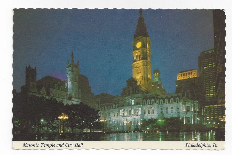 Philadelphia PA City Hall Masonic Temple Night Mike Roberts c 1970s Postcard 4X6